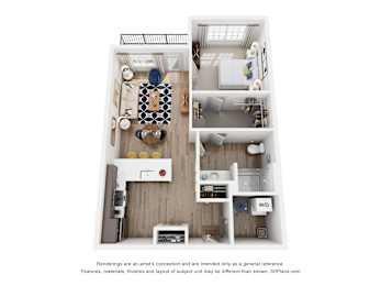 A 3D floor plan of a small apartment with a kitchen, living room, and bathroom.