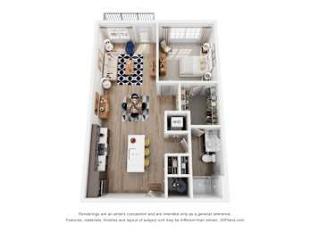 A 3D floor plan of a small apartment with a kitchen, living room, and bathroom.