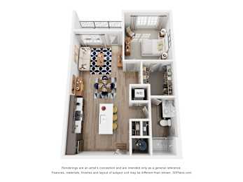 A 3D floor plan of a small apartment with a kitchen, living room, and bathroom.