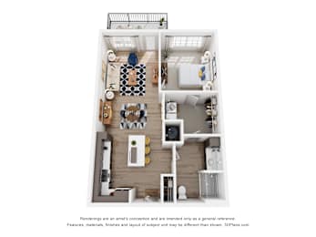 A floor plan of a small apartment with a kitchen, living room, and bathroom.