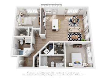 A 3D floor plan of a house with a kitchen, living room, dining room, and two bedrooms.