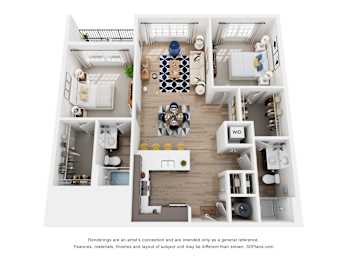 A 3D floor plan of a house with a kitchen, living room, and two bedrooms.