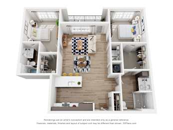 A 3D floor plan of a house with a kitchen, living room, and bedrooms.