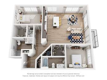 A 3D floor plan of a house with a kitchen, living room, and bedrooms.