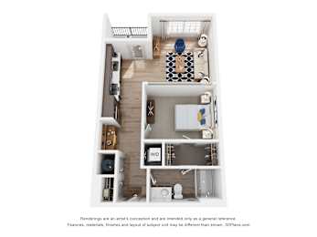 A 3D floor plan of a small apartment with a kitchen, living room, and bathroom.