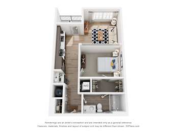 A 3D floor plan of a small apartment with a kitchen, living room, and bathroom.