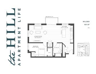 A 1 bedroom floor plan at 931 sq ft