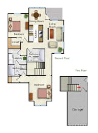 A floor plan of a house with a living room, dining room, kitchen, two bedrooms, two bathrooms, a laundry room, and a garage.