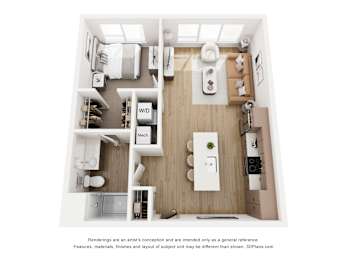 A 3D floor plan of a small apartment with a kitchen, living room, and bathroom.