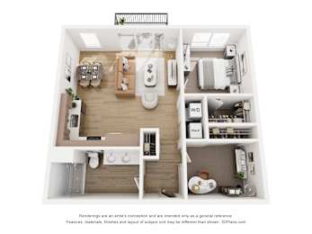 A 3D floor plan of a small apartment with a kitchen, living room, and bathroom.