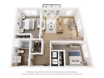 A 3D floor plan of a small apartment with a kitchen, living room, and bathroom.