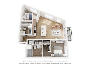 A 3D floor plan of a small apartment with a kitchen, living room, and bathroom.