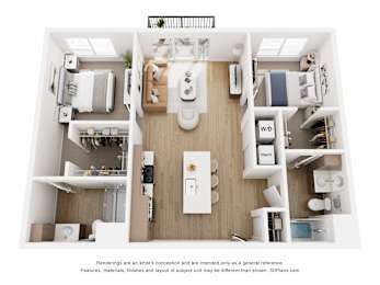 A 3D floor plan of a small apartment with a kitchen, living room, and bathroom.