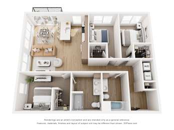 A 3D floor plan of a house with labeled rooms.