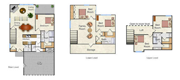 A diagram shows three different levels of a house layout, including a main level, lower level, and upper level.