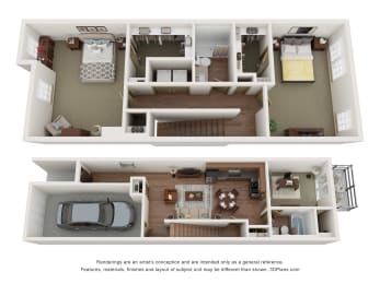 a 3d floor plan of a house with a garage and a car in the garage