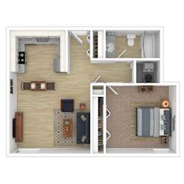 a stylized floor plan with a bedroom and living room