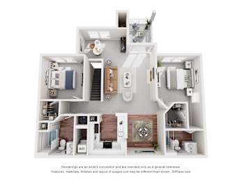 A 3D floor plan of a house with labeled rooms.