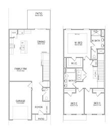 A floor plan of a house with a garage, two bedrooms, a living room, a dining room, a kitchen, a foyer, and a patio.