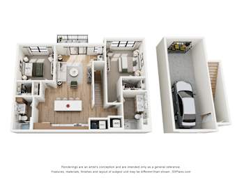 A 3D floor plan of a house with a kitchen, living room, and bedrooms.