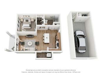 A 3D floor plan of a small apartment with a kitchen, living room, and bedroom.
