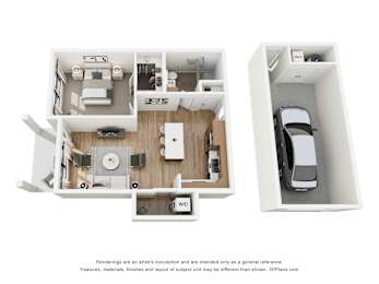 A 3D floor plan of a house with a kitchen, living room, and bedrooms.