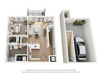 A 3D floor plan of a house with a kitchen, living room, and bedrooms.