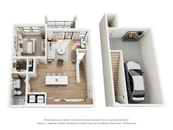 A 3D floor plan of a house with two bedrooms, a living room, a kitchen, and a garage.