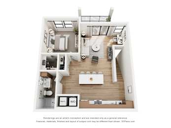 A 3D floor plan of a house with a kitchen, living room, and bathroom.