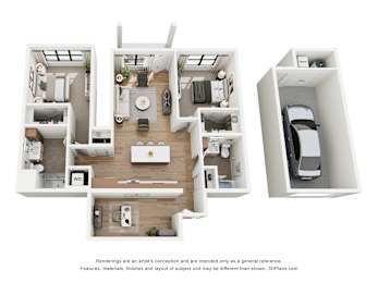 A 3D floor plan of a house with a kitchen, living room, and bedrooms.