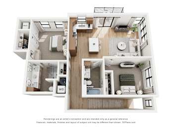 A 3D floor plan of a house with two bedrooms, a living room, a kitchen, and a bathroom.