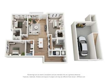 A 3D floor plan of a house with a kitchen, living room, bedrooms and bathrooms.