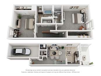 A 3D floor plan of a house with two bedrooms, a living room, a kitchen, a bathroom, and a garage.