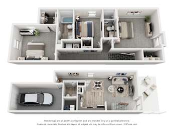 A 3D floor plan of a house with two bedrooms, a living room, a kitchen, and a garage.