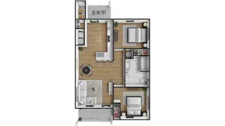 A top-down view of a house layout with a kitchen, living room, and bathroom.