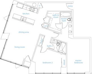 A floor plan of a house with a dining area, living room, kitchen, two bedrooms, a bathroom, and a walk-in closet.