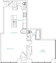A floor plan of a house with a living room, dining area, kitchen, two bathrooms, and two bedrooms.