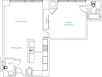 A floor plan of a house with a living room, dining area, kitchen, two bathrooms, a master bedroom, and a closet.