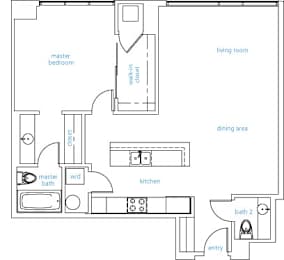 A floor plan of a house with a living room, dining area, kitchen, two bathrooms, a master bedroom and a walk-in closet.