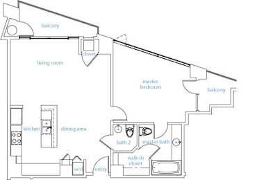 A drawing of a house layout with a living room, dining area, kitchen, two bathrooms, and two closets.