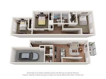 A 3D floor plan of a house with two bedrooms, a living room, a kitchen, and a garage.