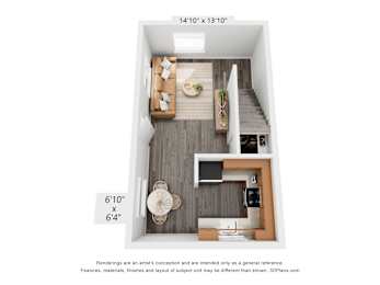 A 3D floor plan of a small apartment with a kitchen, living room and bedroom.