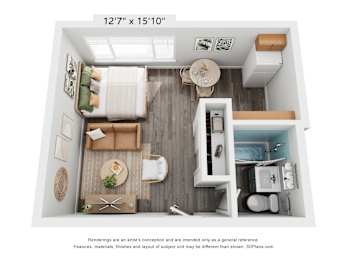 A 3D floor plan of a small apartment with a kitchen, living room, and bathroom.