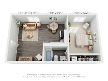 A 3D floor plan of a small apartment with a kitchen, living room, and bathroom.
