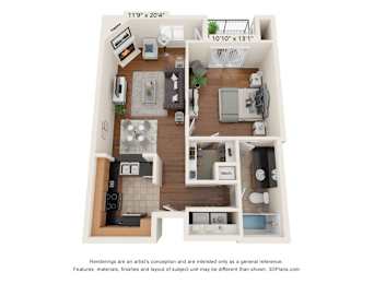 A 3D floor plan of a small apartment with a kitchen, living room, and bedroom.