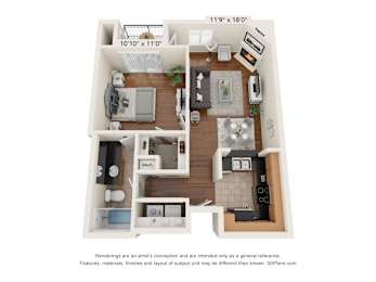 A 3D floor plan of a small apartment with a kitchen, living room, and bedroom.