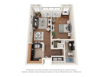 A floor plan of a small apartment with a kitchen, living room, and bedroom.