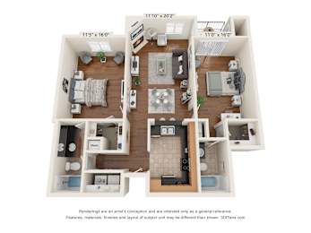 A 3D floor plan of a house with a living room, kitchen, and two bedrooms.