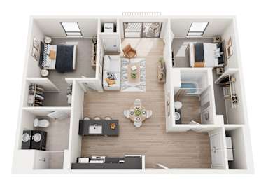 A top-down view of a small apartment with a kitchen, living room, and bedroom.