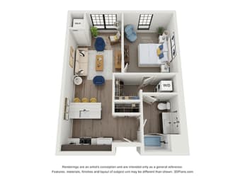 1 bedroom 1 bathroom floor plan A at The Landing at 1001 NP, Fargo, North Dakota 58102